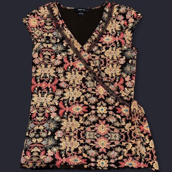 Style & Co Dark Brown & Orange Boho Floral Pattern Faux Wrap Mesh Fairy Top S - Picture 6 of 8